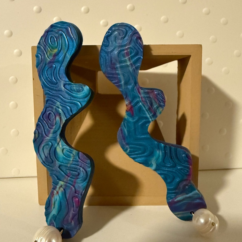 Abstract Blue Wave Earrings with Pearl Accent